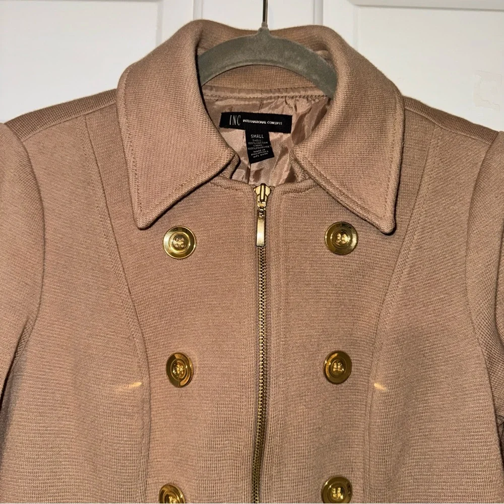 INC International Concepts button zip coat jacket beige gold slim military S - Picture 3 of 11